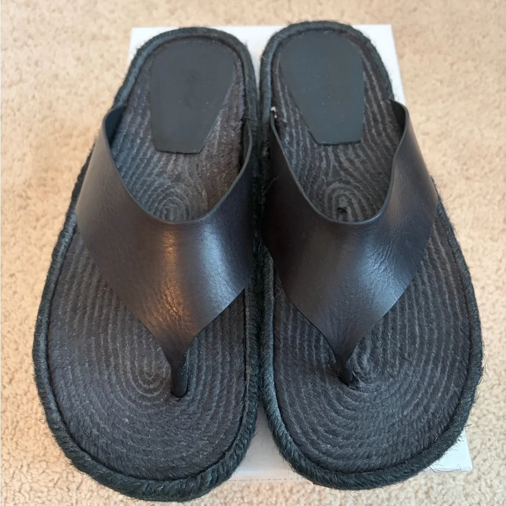 ME+EM Black Leather Espadrille Toe-Post Sandals